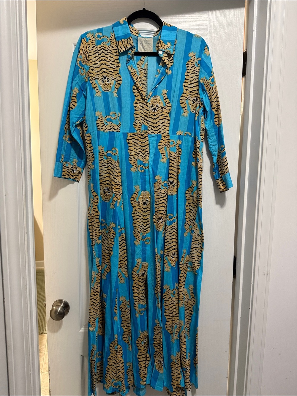 Turquoise Tiger-Print Button-Front Maxi Dress